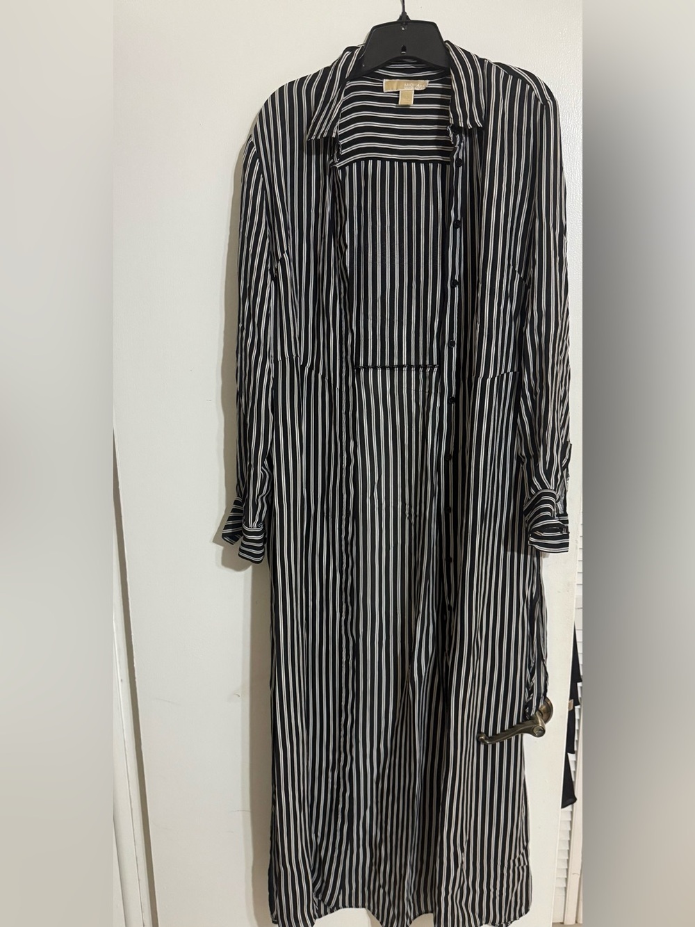Michael Kors Black and White Vertical Stripe Long Sleeve Tie-Front Dress - Picture 3 of 8